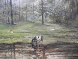 a painting of a cow in a field by the water