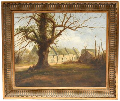 an oil painting of a farm scene with a large tree in the foreground