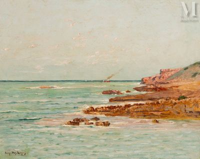 painting of a view of a rocky beach with a lighthouse in the distance