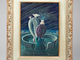 tableau représentant une femme dans un bateau avec un chat dans l'eau