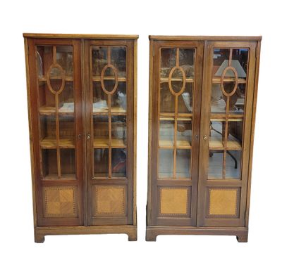 pair of antique oak bookcases with glass doors