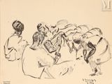 dessin représentant un groupe de personnes assises ensemble autour d'une table
