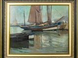 une peinture à l'huile représentant des bateaux amarrés à un quai par une journée ensoleillée