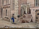 a picture of a painting of a man standing in front of a building
