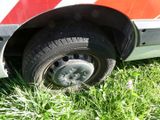 a red and white bus that is parked in the grass
