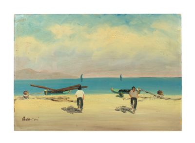 tableau représentant des personnes marchant sur la plage, avec des bateaux en arrière-plan