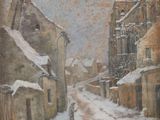 une image représentant un tableau où l'on voit une personne marchant dans une rue recouverte de neige