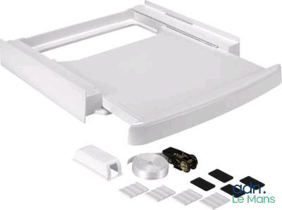 the bottom of a white plastic drawer with a metal latch and hardware