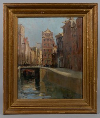 an oil painting of a canal with buildings and a boat in the water