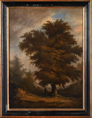 a painting of a tree in a field with a sky in the background