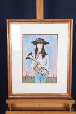 tableau représentant une femme coiffée d'un chapeau, tenant une trompette devant un chevalet en bois