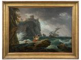 a painting of a man and woman in a boat on a rocky coast