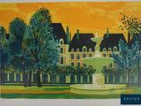 an image of a painting of a fountain in front of a building