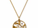 a gold plated necklace with a circular pendant with leaves and pearls
