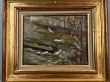 an oil painting of birds flying over a river in a golden frame