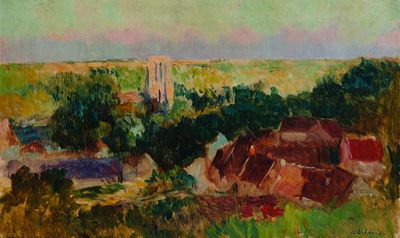 l'image d'un tableau représentant un paysage avec une église au loin