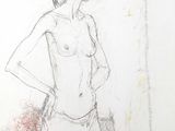 drawing of a woman standing in front of a mirror with a flower in her hand