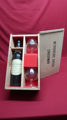 a bottle of wine and a glass in a wooden box