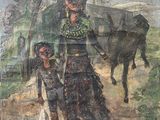painting of a woman and two children with a cow in the background