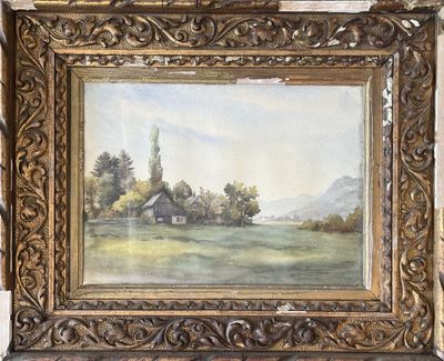 une peinture à l'huile représentant une scène de campagne avec une grange au loin