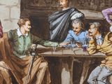 a painting of a group of people sitting around a table