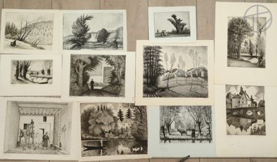 several black and white pictures of a bunch of trees on a table