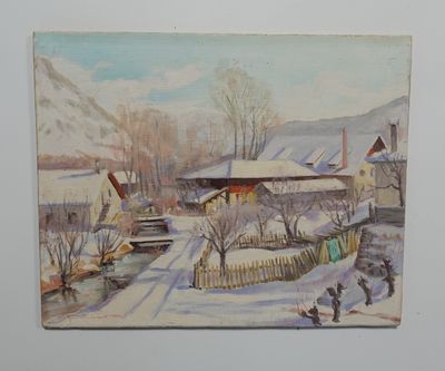 Ecole du Nord du XXe siècle Village dans la neige Huile sur …