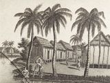 a drawing of a village on the shore of a river