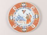a plate with a picture of a woman and a bird on it
