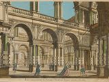 a drawing of a courtyard with columns and arches
