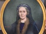painting of a woman in a fur coat holding a framed picture