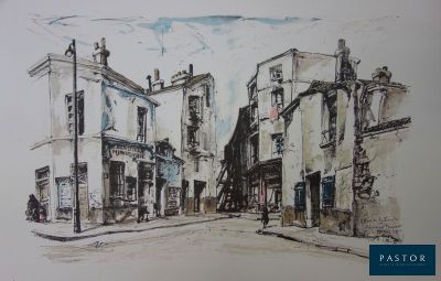 dessin représentant une scène de rue avec des bâtiments en arrière-plan
