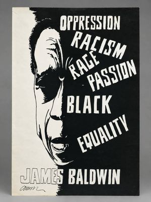 a black and white poster with a man ' s face on it