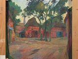 an oil painting of a farm scene with a red barn in the background