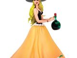 the figurine is dressed in a yellow dress and hat with a green frog