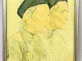 tableau représentant deux hommes âgés coiffés de chapeaux verts, dans un cadre argenté