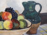 a painting of a bowl of fruit and a pitcher on a table