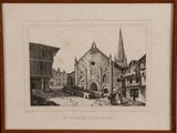 an old drawing of a church with a man standing in front of it