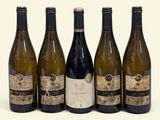 six bouteilles de vin sont alignées sur une surface blanche