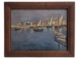 an oil painting of a harbor scene with sailboats in the water