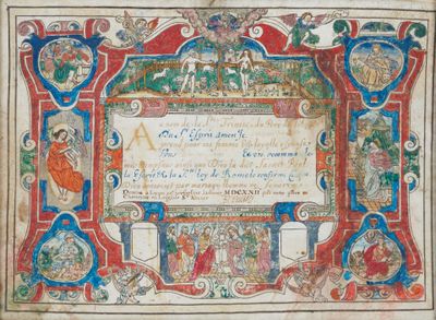 un vieux manuscrit sur lequel figure l'image d'un homme et d'une femme