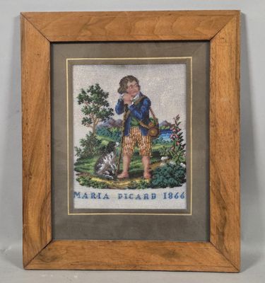 an old cross stitch picture of a boy with a bird in his hand