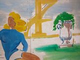 a painting of a woman sitting on a chair in front of a tree