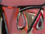 abstract painting of red and black shapes on a pink background