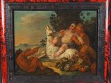 une peinture à l'huile sur toile représentant un couple et un chien dans un décor boisé