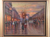 an oil painting of a city street scene with people walking down the street