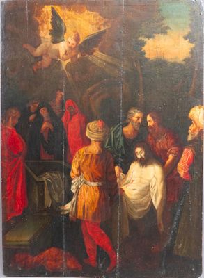 an image of a painting of a group of people standing around a man