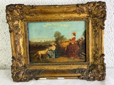 une image représentant un tableau sur lequel figurent un homme, une femme et un chien