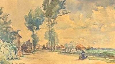 un tableau représentant une femme marchant sur la route
