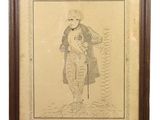 an old drawing of a man with a cane in a wooden frame